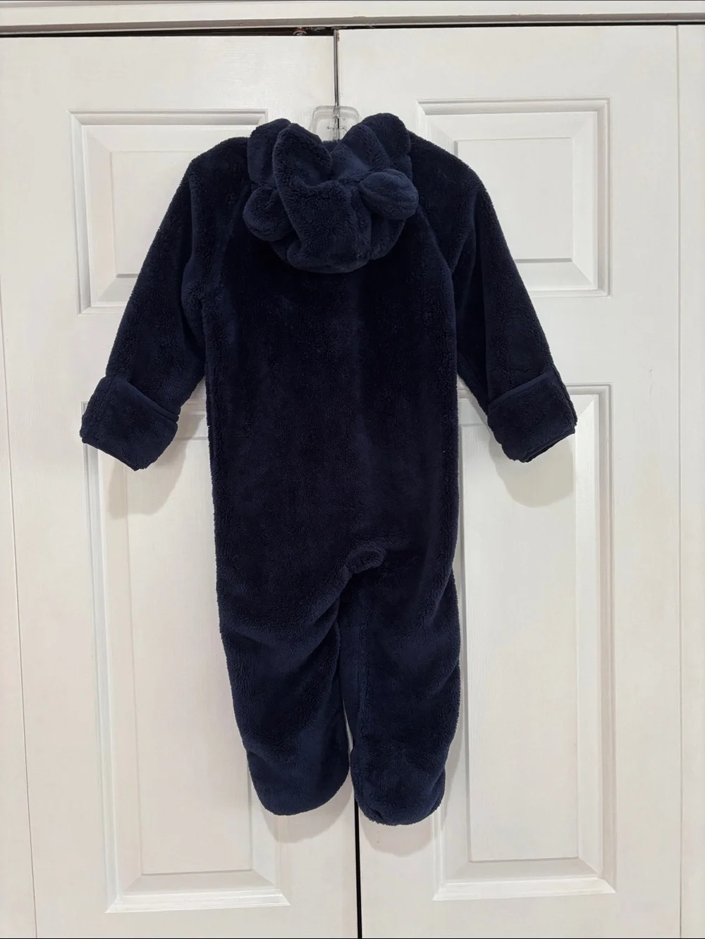 LL Bean Plush Navy Fleece One-Piece with Hood Size 12-18M EUC